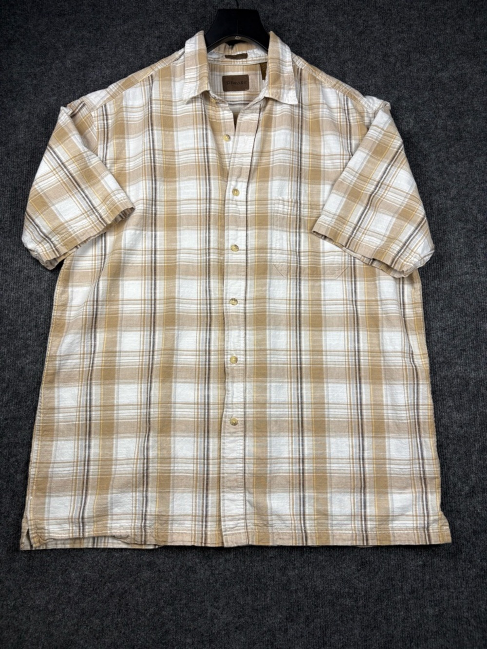 St. John's Bay Tan and White Plaid Short-Sleeve Button-Down Shirt